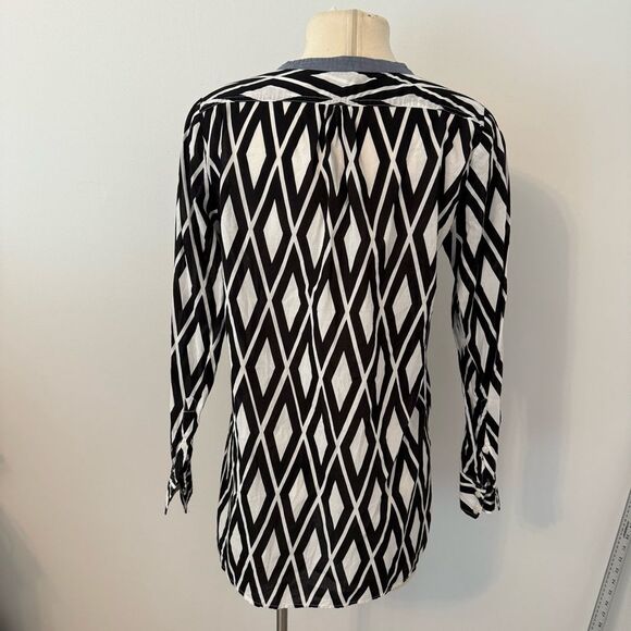 J. Crew Black & White Geometric Diamond Print Tunic with Chambray Bib Size Small - Picture 5 of 8